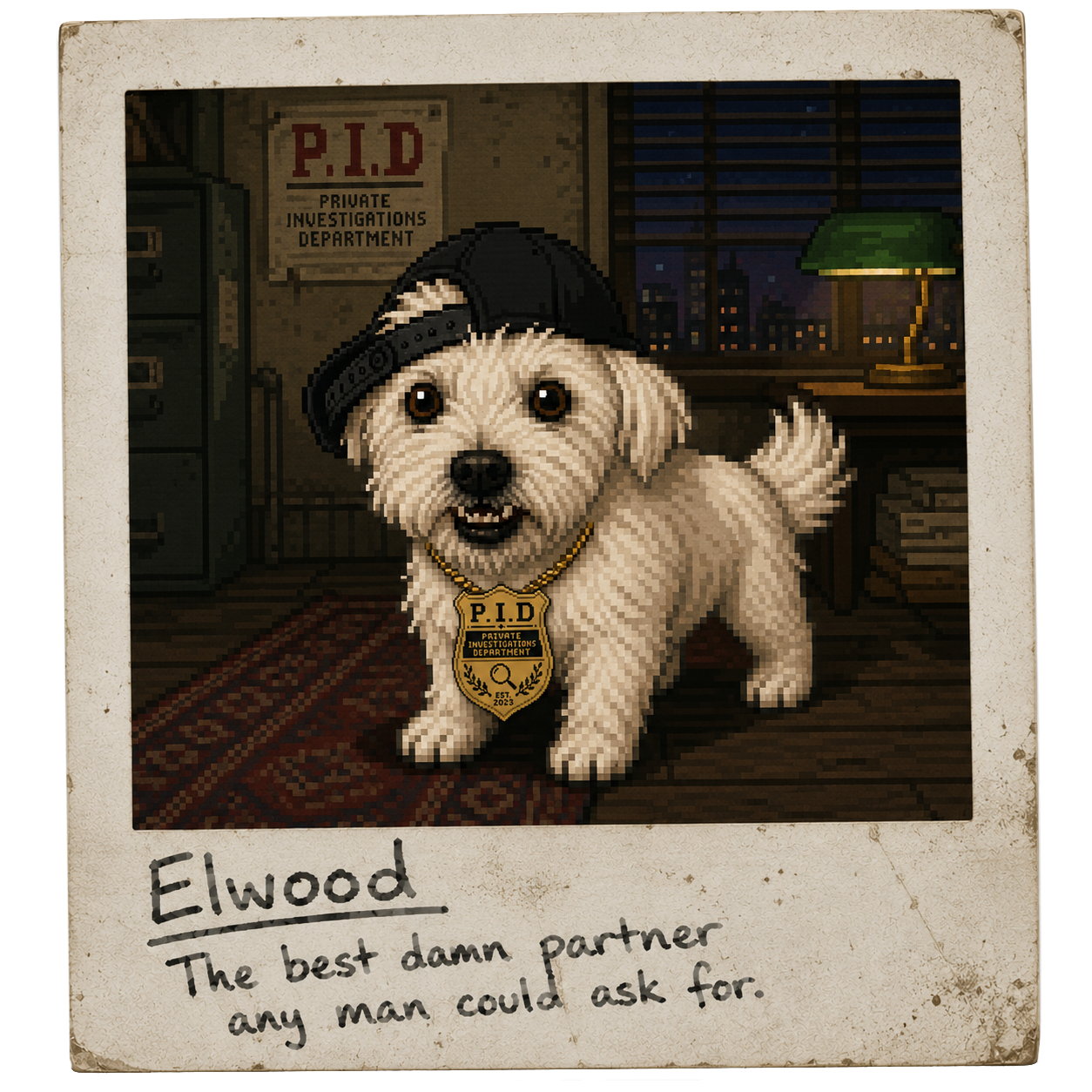 Pixel Polaroid of Elwood, Agent Drew's partner